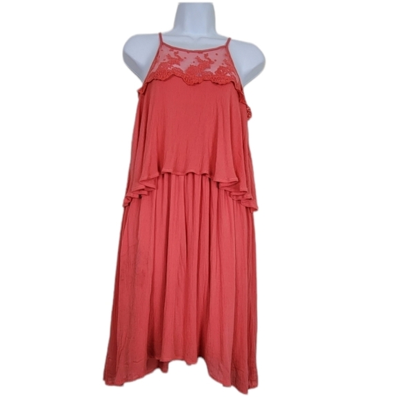 Kori Halter Style Embroidered Mesh Tiered Top Coral Pink Sleeveless Size Small - Picture 1 of 11